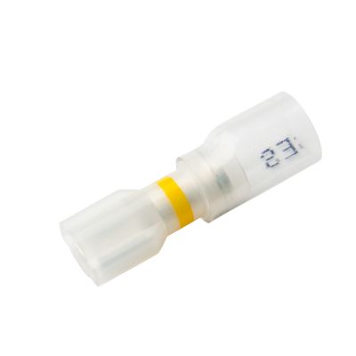 Clear-view heat shrink and crimp push-on terminal, female, with yellow stripe, designed for secure electrical connections.
