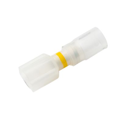 Clear-view heat shrink crimp push-on terminal with yellow stripe for electrical connectors, suitable for 12-10 gauge wires.