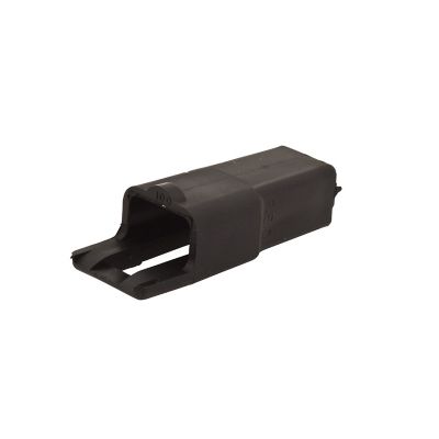 Black Aptiv (Delphi) 56 Series connector body for male terminal, single contact, angled view showing open end and side details.