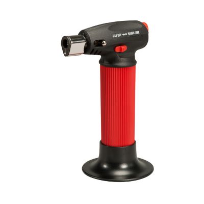 Red and black butane power torch with ergonomic grip and sturdy base. Ideal for precise heating tasks.