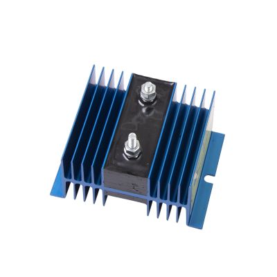Battery isolator with blue heat sink and two studs, designed for efficient power management.