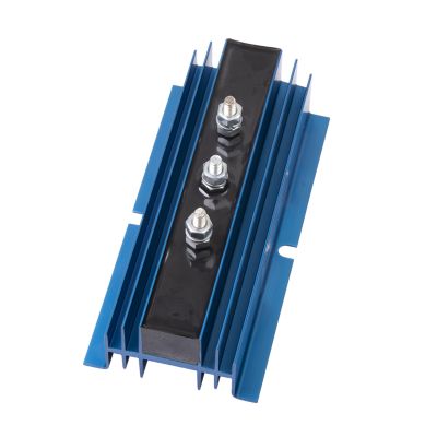 Battery isolator with blue heat sink, designed for efficient power management.