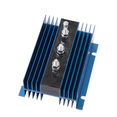 Blue Cole Hersee battery isolator with three large studs and one small stud for electrical connections, 140 Amp capacity.