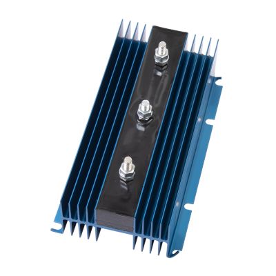 Battery isolator with blue heat sink fins and three metal studs, designed for 200 Amp capacity.