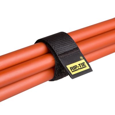 Rip-Tie CableWrap securing orange cables with a black hook-and-loop strap, featuring the Rip-Tie logo, in a 3-pack set.