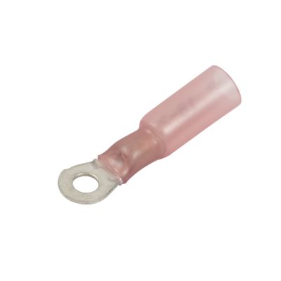Red heat shrink and crimp ring terminal for electrical connections, showcasing a durable and insulated design.