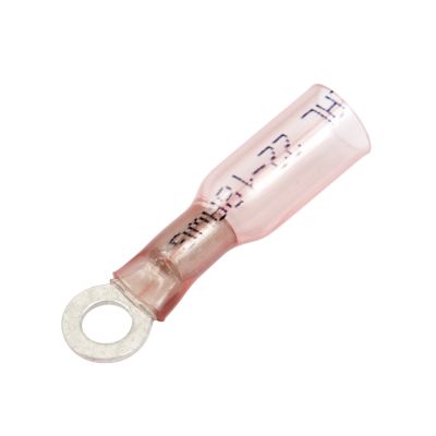 Red Perma-Seal‚Ñ¢ heat shrink crimp ring terminal by Molex, ideal for 8 stud connections, 22-18 gauge wiring.
