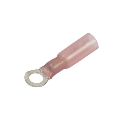 Red heat shrink and crimp ring terminal with a circular metal connector for electrical wiring.