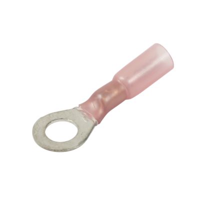 Red heat shrink crimp ring terminal for wire connection, designed for secure and reliable electrical applications.