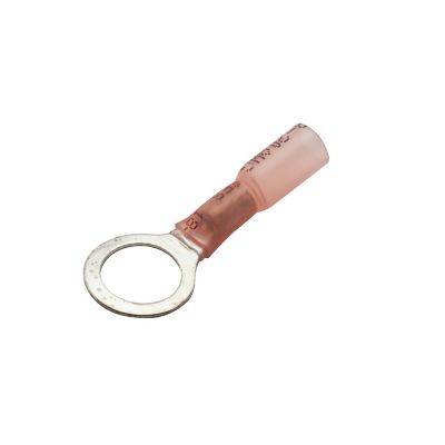 Red heat shrink and crimp ring terminal with a metal eyelet for electrical connections.