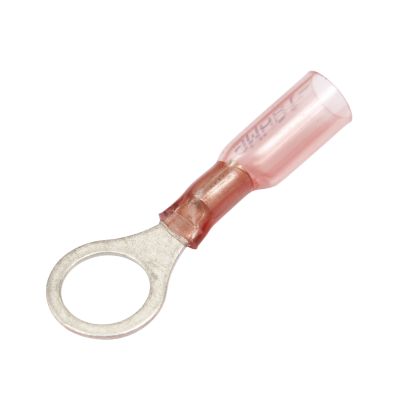 Red heat shrink crimp ring terminal with metal ring and insulated casing, ideal for electrical connections.