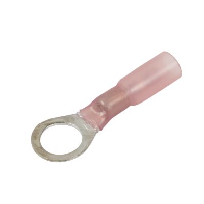 Red heat shrink and crimp ring terminal with metal loop for electrical connections.