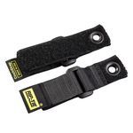 Black hook and loop fasteners with metal grommets, showcasing adjustable straps and durable design for secure fastening.
