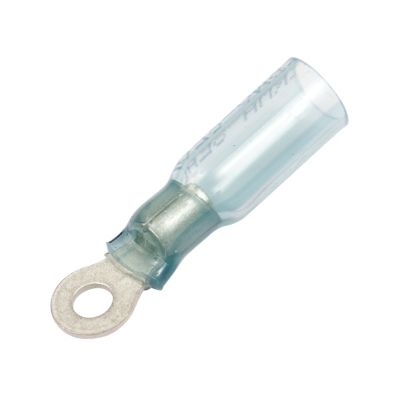 Blue Molex Perma-Seal heat shrink and crimp ring terminal for 6 stud, suitable for 16-14 gauge wiring.