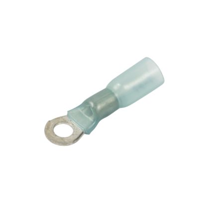 Blue heat shrink and crimp ring terminal with a metal ring and insulated sleeve. Ideal for electrical wiring applications.