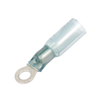 Blue Molex Perma-Seal heat shrink and crimp ring terminal for 8 stud, ideal for 16-14 gauge wiring applications.