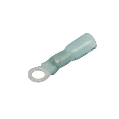 Blue heat shrink crimp ring terminal for 10 stud, suitable for 16-14 gauge wires, shown on a plain background.