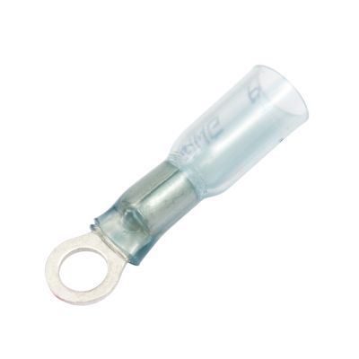 Blue Perma-Seal‚Ñ¢ heat shrink crimp ring terminal for 10 stud, 16-14 gauge wires, showcasing durable design.