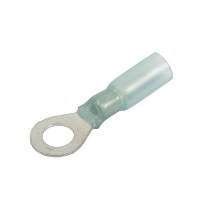 Blue heat shrink crimp ring terminal for electrical connections, featuring a ring end and cylindrical tube design.