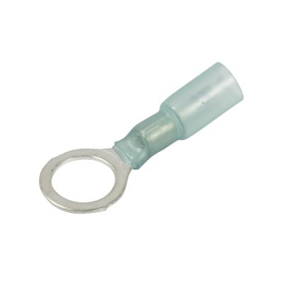 Blue heat shrink and crimp ring terminal with visible circular connector and metal tip for efficient electrical connections.