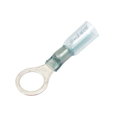 Blue Molex Perma-Seal heat shrink crimp ring terminal with circular metal end and insulated body for electrical connections.