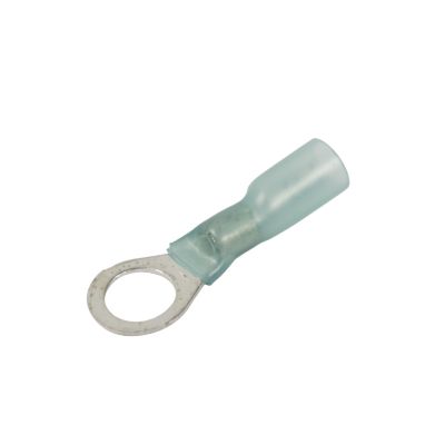 Blue heat shrink and crimp ring terminal, ideal for secure electrical connections.