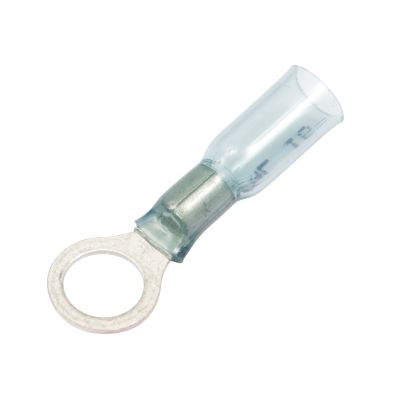 Blue Molex Perma-Seal heat shrink and crimp ring terminal for electrical connections, showcasing its durable design.