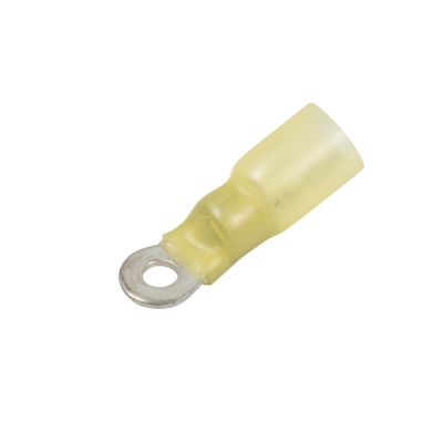 Yellow heat shrink crimp ring terminal, NSPA KS110-06, designed for electrical connections, visible ring and insulated body.