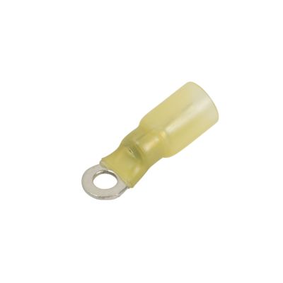 Yellow heat shrink crimp ring terminal for wiring, featuring insulated sleeve and metal ring, compatible with 8 stud sizes.