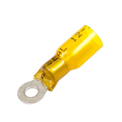 Yellow Perma-Seal heat shrink and crimp ring terminal for electrical connections, featuring durable construction.