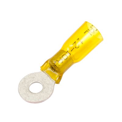 Yellow Molex Perma-Seal heat shrink crimp ring terminal with circular metal ring and insulated tube.