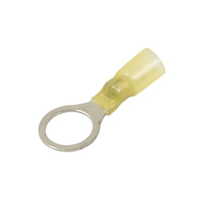 Yellow heat shrink and crimp ring terminal for electrical connections, featuring a circular metal ring and plastic insulation.