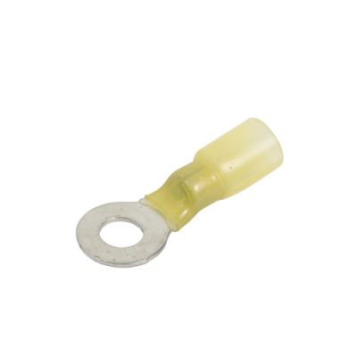 Yellow heat shrink crimp ring terminal with metal stud opening, suitable for 12-10 gauge wires.