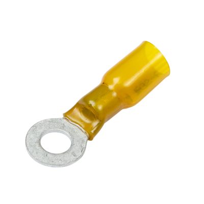 Yellow Perma-Seal heat shrink crimp ring terminal for 12-10 gauge wires, featuring a 1/4" stud connector.