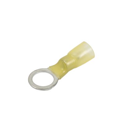 Yellow heat shrink and crimp ring terminal with a metallic ring, suitable for 12-10 gauge wires.