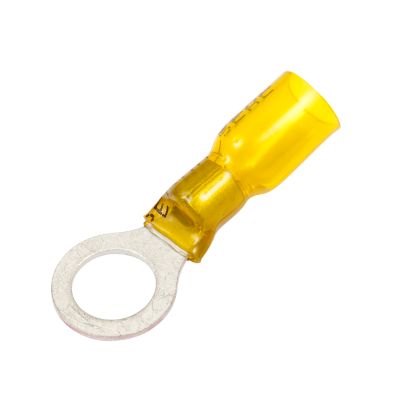 Yellow Perma-Seal heat shrink crimp ring terminal, ideal for secure electrical connections, featuring a robust design.