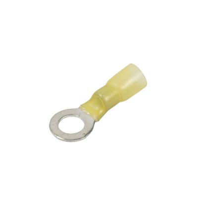 Yellow heat shrink and crimp ring terminal for electrical connections, featuring a metal ring and insulated sleeve.