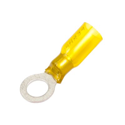 Yellow Molex Perma-Seal heat shrink crimp ring terminal for 12-10 gauge wire, featuring a 5/16" stud hole.