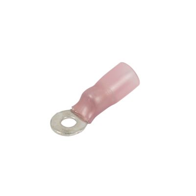 Red heat shrink and crimp ring terminal with a silver ring for secure electrical connections.