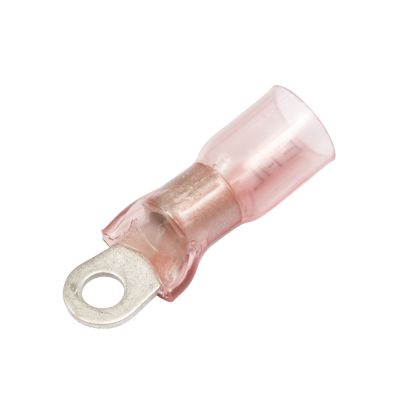 Red Perma-Seal heat shrink crimp ring terminal by Molex, featuring a durable design for secure electrical connections.
