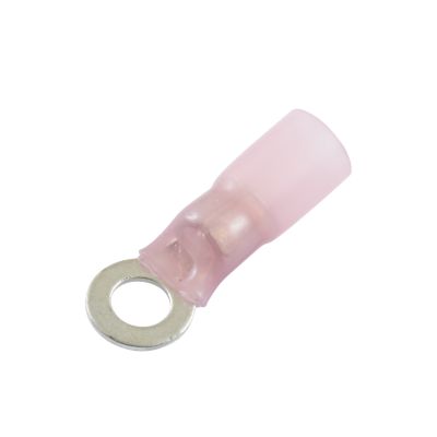 Red heat shrink and crimp ring terminal for 8-gauge wire with circular metal end for secure electrical connections.