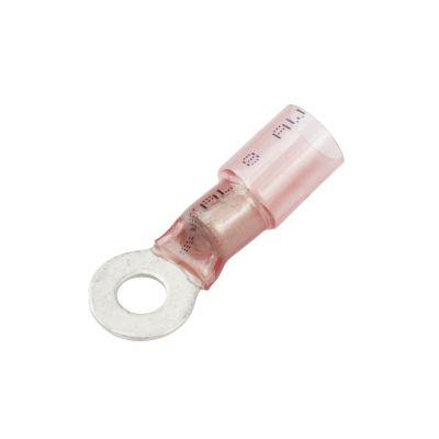 Red Perma-Seal heat shrink crimp ring terminal for 1/4" stud, 8 gauge, offering secure and weather-resistant connections.