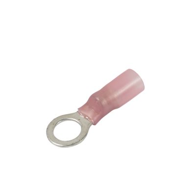 Red heat shrink and crimp ring terminal with a circular metal connector, ideal for electrical applications.