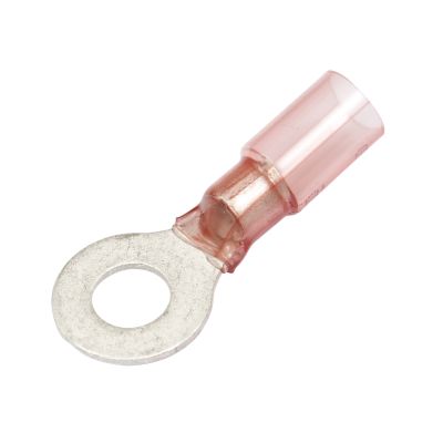 Red Perma-Seal heat shrink ring terminal for 8 gauge wire, showcasing durable design and secure insulation for electrical connections.