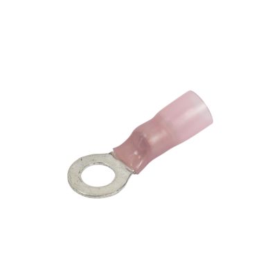 Red heat shrink and crimp ring terminal for electrical connections, featuring a sturdy metal loop and insulated sleeve.