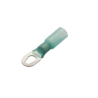 Blue heat shrink and crimp multi-stud ring terminal for 16-14 gauge wires.