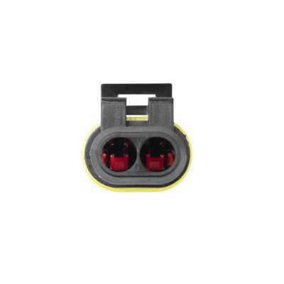 TE AMP Superseal 2-way plug housing with red and black connectors, featuring a yellow seal for secure electrical connections.