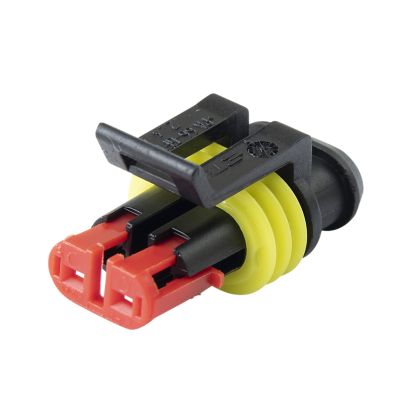 TE Connectivity 2-Way AMP Superseal 1.5 Plug Housing with red and yellow details, showcasing secure connection design.