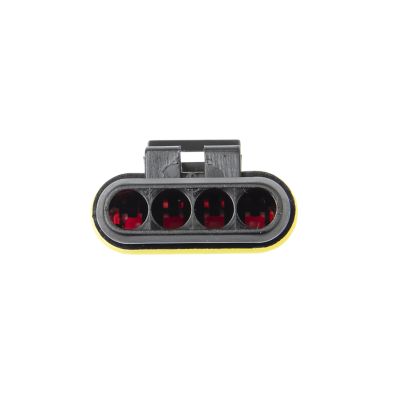 Black 4-way TE AMP Superseal plug housing with red interior and yellow seal, front view.