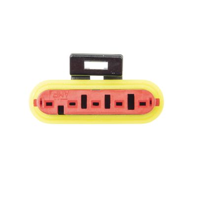 TE AMP Superseal 1.5mm 5-Way Plug Housing with yellow seal and black cap, designed for secure electrical connections.